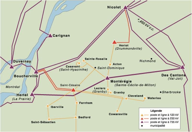 Le réseau d’Hydro-Québec avant le verglas de 1998 et celui après la construction de la boucle montérégienne. Photothèque | Le Courrier ©