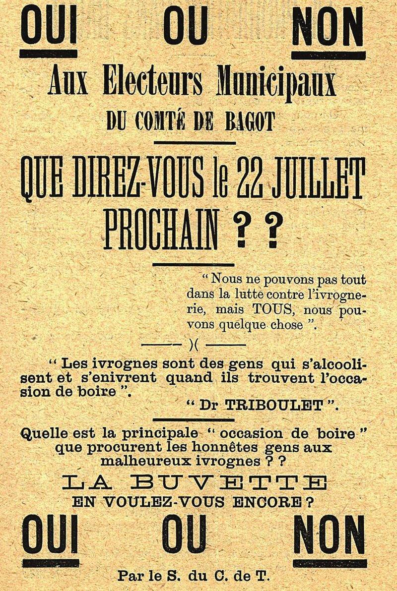 Prospectus du Comité de Tempérance de Bagot en vue du référendum de 1912 sur la prohibition dans le comté. CH257.
