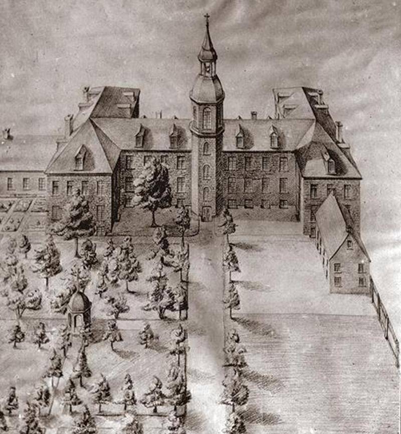 Illustration du premier Collège situé sur la rue Girouard près de l’actuelle Cathédrale (Archives CHSH).