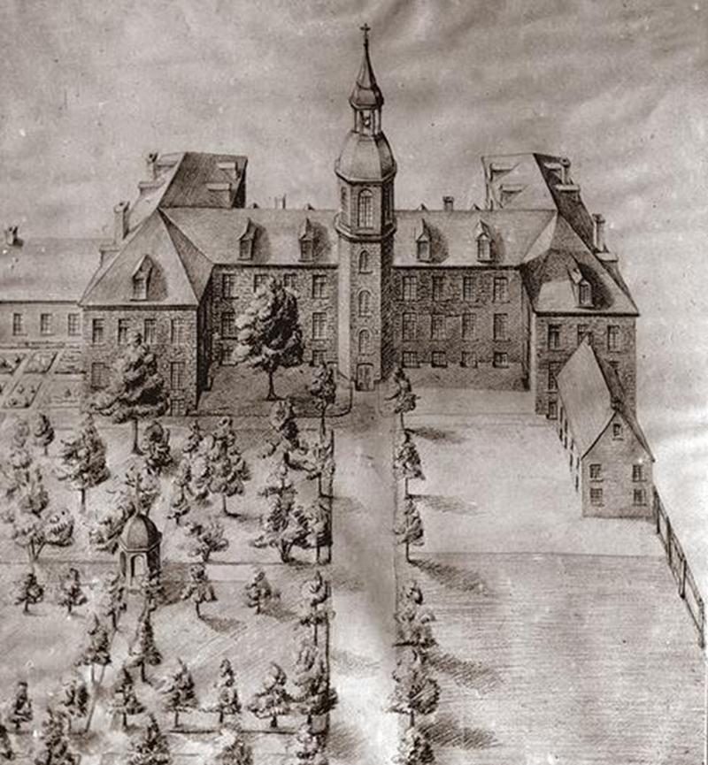 Illustration du premier Collège situé sur la rue Girouard près de l’actuelle Cathédrale (Archives CHSH).
