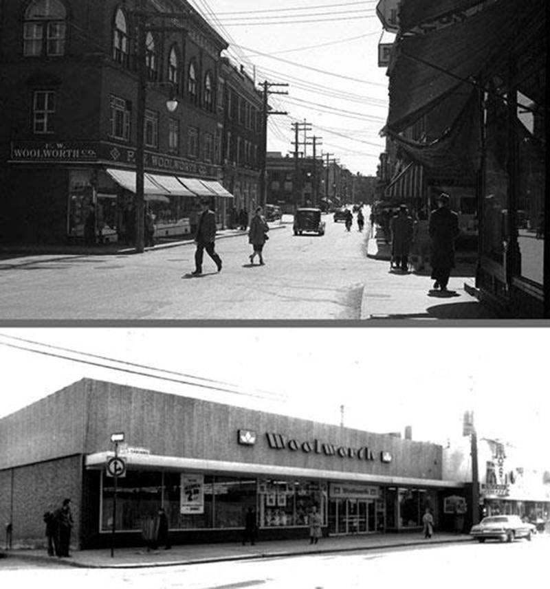 Premier magasin Woolworth, en 1947, Archives CHSH  Deuxième magasin Woolworth, en 1983, Archives CHSH
