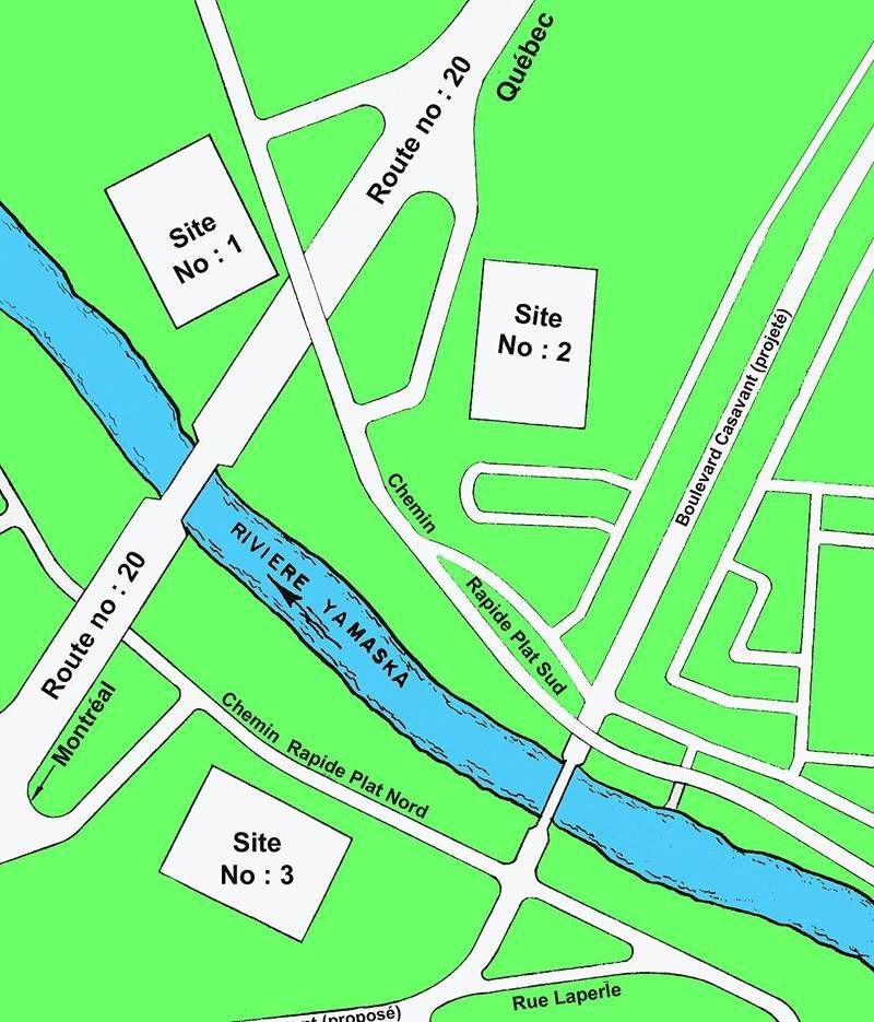 Plan représentant les trois sites proposés pour la future usine d’épuration des eaux usées. ­Collection Centre d’histoire de Saint-Hyacinthe