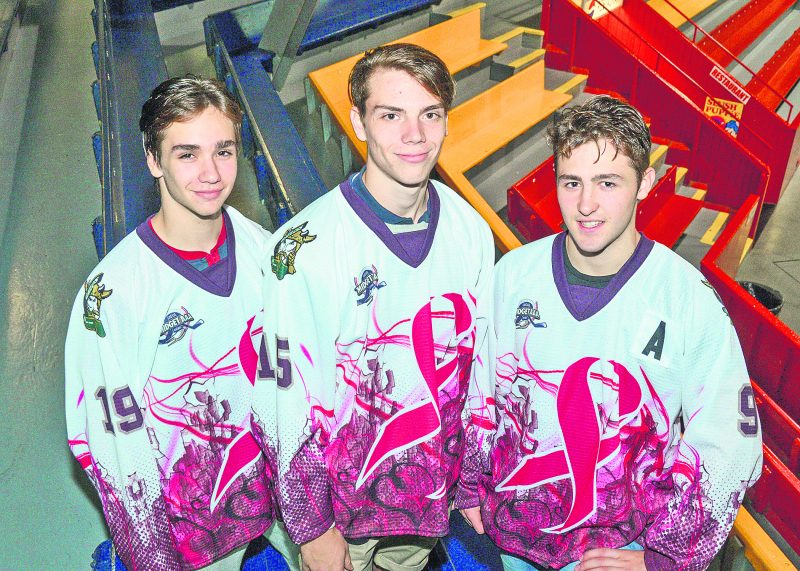 Sur la photo, on aperçoit les attaquants Alexandre Caron, Charles Ouellet et Elliot Desnoyers posant fièrement avec le gilet spécial que les Gaulois porteront dans le cadre de la journée en rose au profit de la Société canadienne du cancer présentée au Stade L.-P.-Gaucher le 21 octobre.  Photo François Larivière | Le Courrier ©