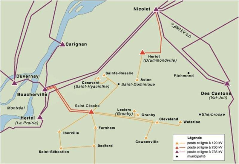 Le réseau d’Hydro-Québec avant le verglas de 1998 et celui après la construction de la boucle montérégienne. Photothèque | Le Courrier ©