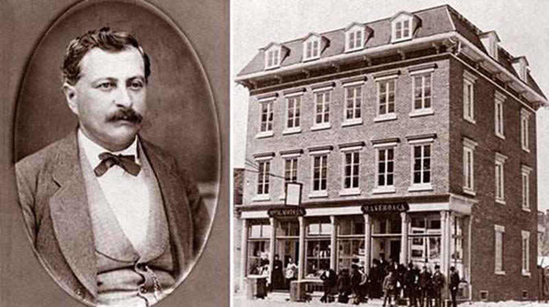 Maximilien-Aimé Kéroack vers 1875 / Édifice de la Librairie Kéroack avant le grand feu de 1876 (Source : Archives Centre d’histoire de Saint-Hyacinthe).