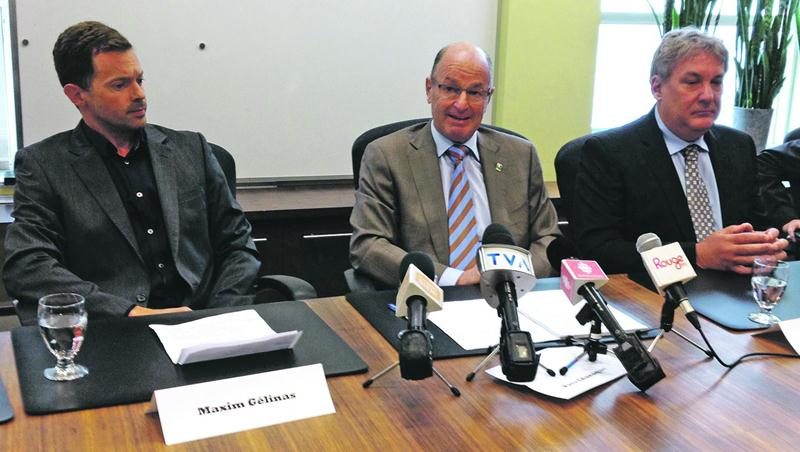 Sur la photo, dans l’ordre habituel, Maxim Gélinas, président du conseil d’administration d’IDE Trois-Rivières; Yves Léveque, maire de Trois-Rivières, et Mario De Tilly, nouveau directeur général d’IDE Trois-Rivières. Photo Daniel Jalbert