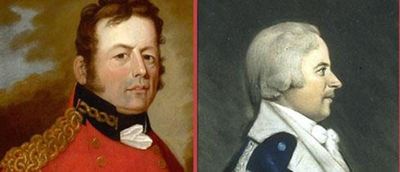 À gauche, George Prévost, par Jean-Baptiste Roy-Audy. Collection du Musée du Château Ramezay, Montréal. À droite, William Hull, pastel de James Sharples S. Collection de la ville de Philadelphie.