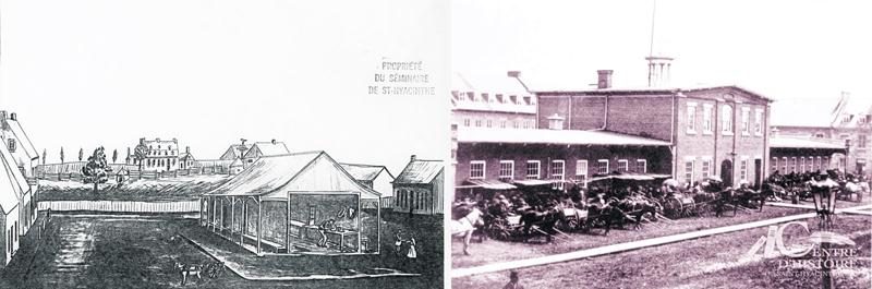 Vue du marché en 1837, dessin de L.P. Renaut-Blanchard; le marché de brique de 1856, avant 1876, Album Langelier, CH478.