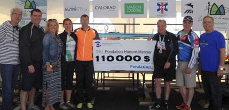 Sur la photo, de gauche à droite : François St-Pierre, vice-président du comité organisateur; Richard Arsenault (CFE Desjardins Vallée du Richelieu-Yamaska), Anik Armand et Catherine Tremblay (Valeurs mobilières Desjardins), Terry Gehl, porte-parole; José Lobato, président du Groupe Lobato; Carl Savard, de Nutri-Diem; et le Dr Gilles Brien, président de la Fondation Honoré-Mercier.