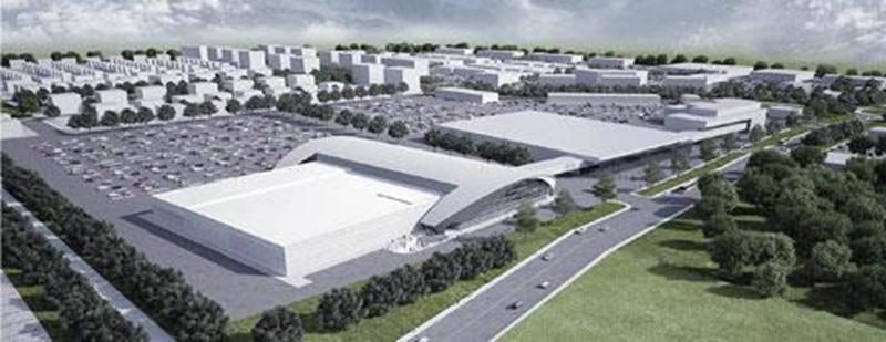 Le projet du Groupe Robin à Trois-Rivières se compose de quatre glaces (au premier plan), d'un centre de foires et d'un hôtel de 250 chambres. Une passerelle permettra de relier les trois infrastructures entre elles.