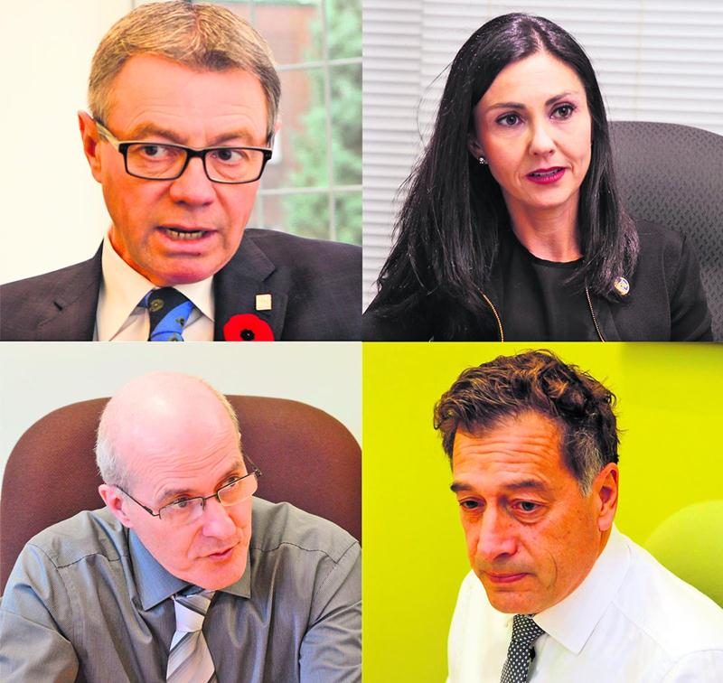 Le maire de Saint-Hyacinthe, Claude Corbeil, en haut à gauche, puis dans l’ordre des aiguilles d’une montre, Chantal Soucy, députée de Saint-Hyacinthe, André Barnabé, directeur général de Saint-Hyacinthe Technopole et Gabriel Michaud, directeur général de la MRC des Maskoutains. Photothèque | Le Courrier ©