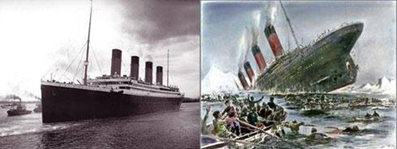 Le Titanic lors de son départ de Southampton, le 10 avril 1912, et les derniers instants du Titanic. (<a href="http://fr.wikipedia.org/wiki/Titanic">http://fr.wikipedia.org/wiki/Titanic</a>)