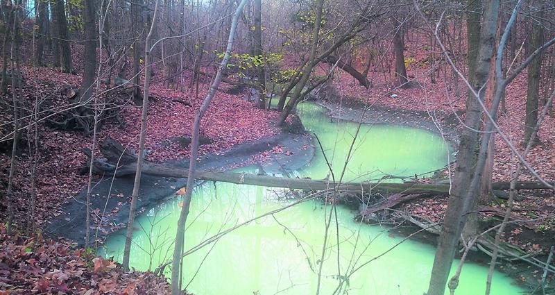 Il y a de fortes chances pour que la coloration verdâtre remarquée vendredi dans le ruisseau des Salines provienne de rejets industriels déversés par le parc Théo-Phénix via la conduite d’eau pluviale.  Photo courtoisie