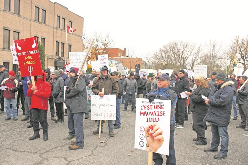 Dernièrement, plus de 400 producteurs agricoles ont manifesté devant le bureau de circonscription du ministre de l’Agriculture, Pierre Paradis à Cowansville.