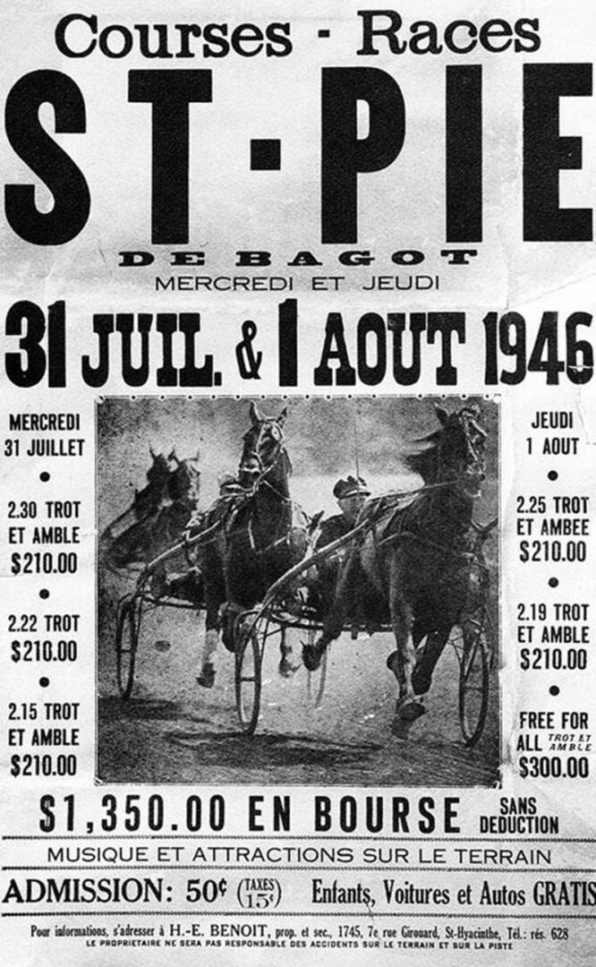 Publicité sur les courses de chevaux à Saint-Pie en 1946. Archives CHSH.