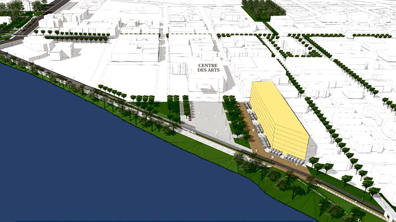 En gris, la future Place des spectacles voulue par la Ville de Saint-Hyacinthe et, en jaune, un édifice mixte de six à huit étages qui pourrait voir le jour à cet endroit. Un stationnement souterrain pourrait venir compenser les places perdues derrière le Centre des arts.