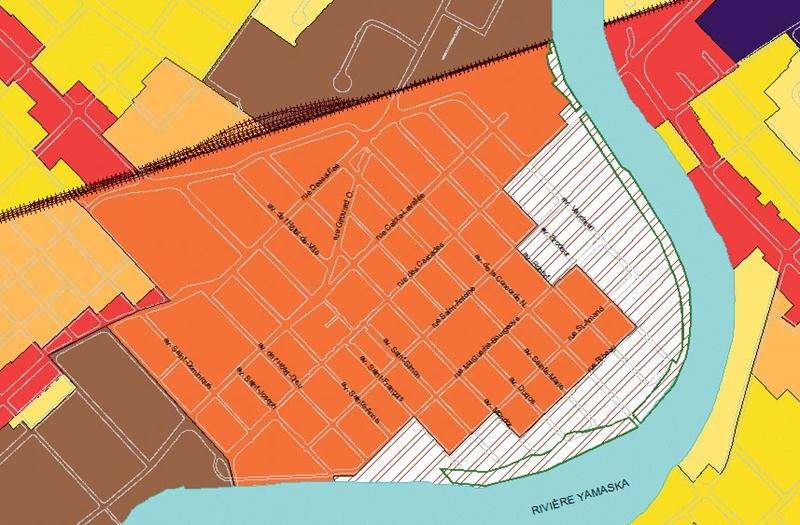 La nouvelle affectation « centre-ville riveraine » est représentée en blanc sur le plan. Plusieurs usages, dont « habitation forte densité », y seraient dorénavant permis.