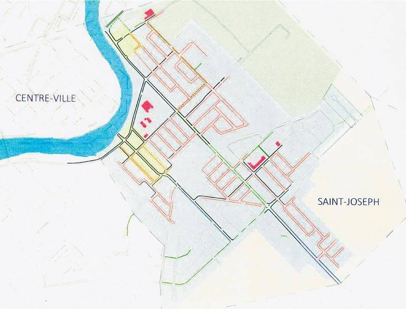 En guise d’exemple, voici plan détaillé du secteur Saint-Joseph avec, en rouge, les trottoirs retirés du nouveau plan, en noir, ceux conservés, en bleu, ceux ajoutés, et les voies cyclables et passages piétonniers en vert. Ville de Saint-Hyacinthe