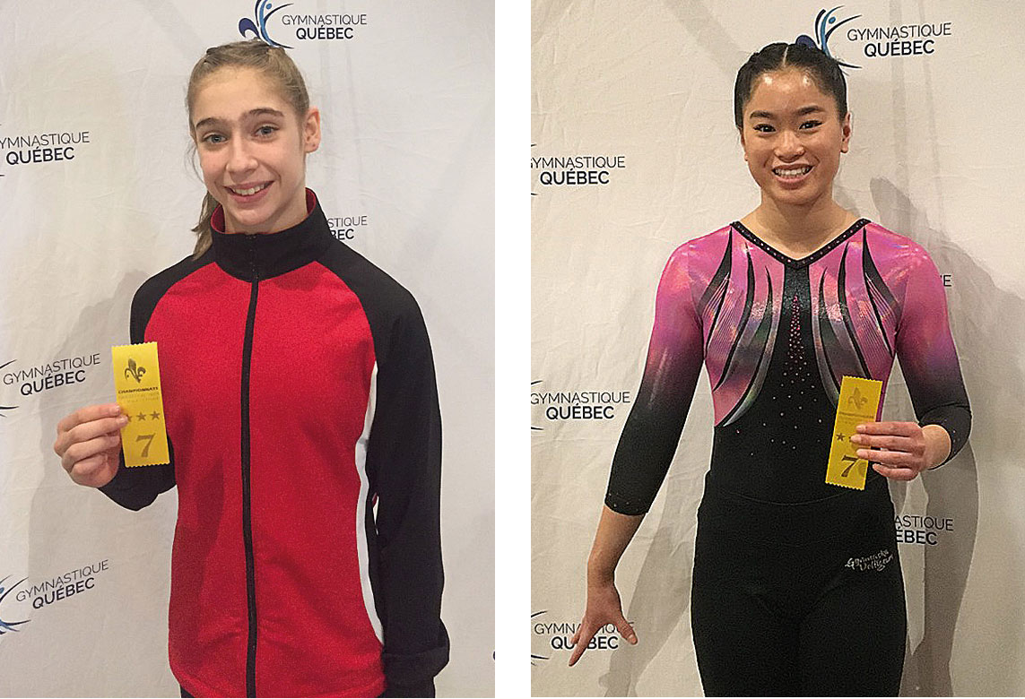 Élizabeth Halde (à gauche) et Shalie Brodeur (à droite) ont toutes les deux terminé 15e dans leur catégorie au championnat québécois de gymnastique artistique. Photos gracieuseté