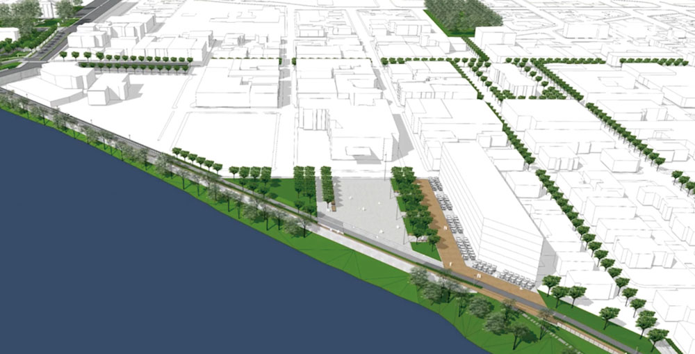 Une esquisse présentant la vision développée par la firme Daoust Lestage autour de la future place des spectacles qui doit être aménagée derrière le Centre des arts Juliette-Lassonde. Photothèque | Le Courrier ©