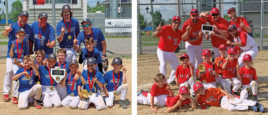 Les Jays de Saint-Hyacinthe atome A (à gauche) et les Condors de Saint-Hyacinthe atome B (à droite) ont tous deux remporté le titre du tournoi de baseball atome de Granby dans leur catégorie respective. Photos gracieuseté