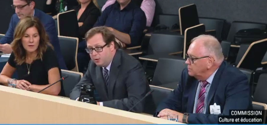 Josée Pilotte, éditrice et propriétaire des journaux Accès et Le Nord, Benoit Chartier, propriétaire de DBC Communications, et Renel Bouchard, président d’Icimédias, représentaient Hebdos Québec ce mardi à la commission sur l’avenir des médias d’information à l’Assemblée nationale. Capture d’écran
