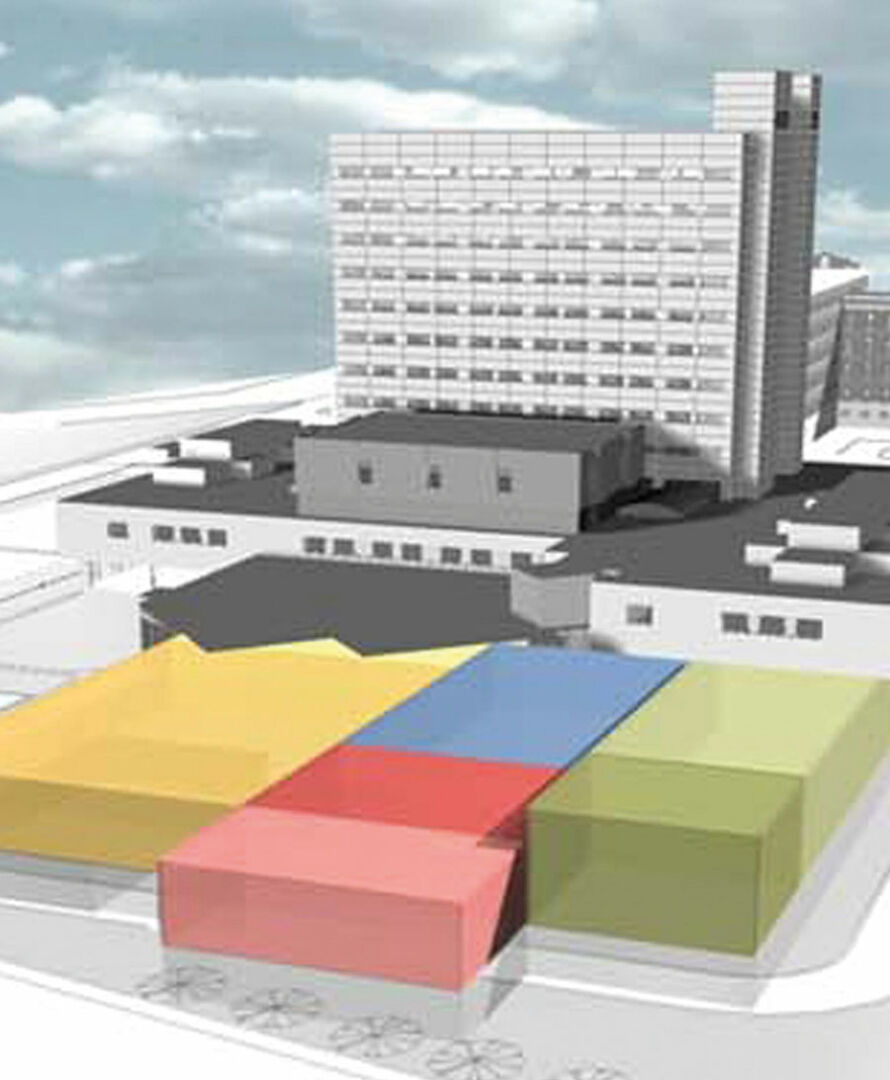 Les parties colorées correspondent aux espaces qui seront ajoutés à l’urgence de l’hôpital Honoré-Mercier, soit 6516 m2 au total, sur deux étages (sous-sol et rez-de-chaussée).