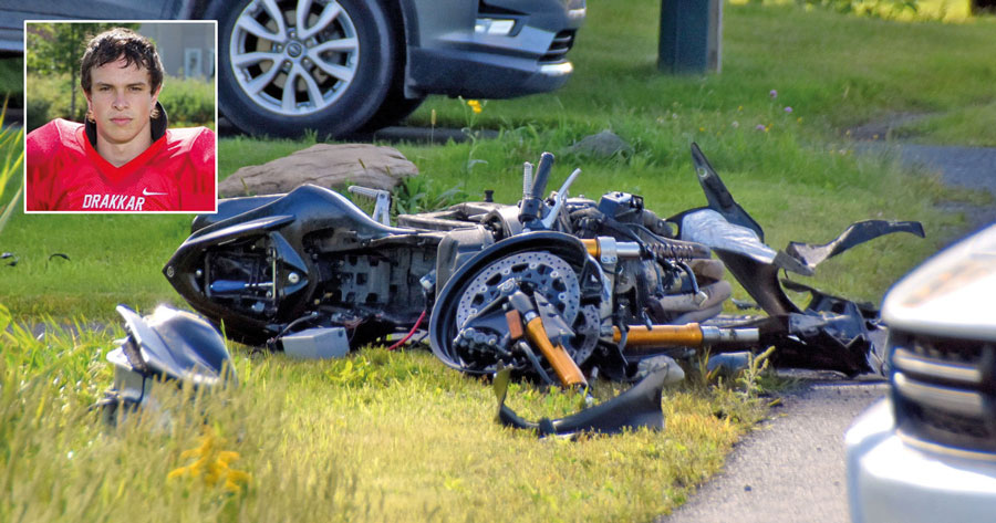 Au volant d’une moto, Gabriel Gélinas, 20 ans, a succombé à ses blessures après avoir percuté une voiture. Photo Éric Beaupré / Vingt55 et Photo Facebook Drakkar Football