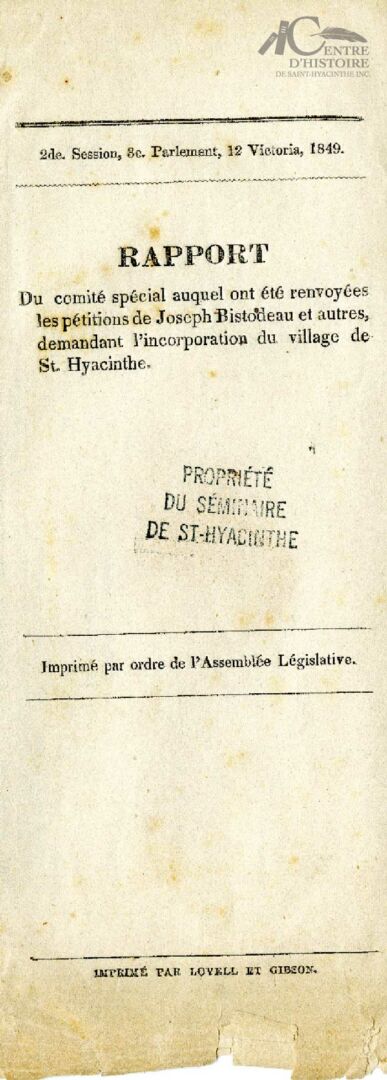 Page frontispice du Rapport du comité spécial de mai 1849. Photo Archives CHSH