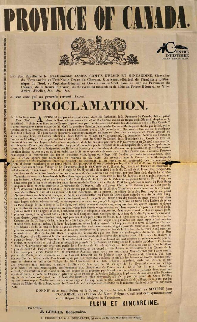 Affiche de la proclamation de l’incorporation municipale du village de Saint-Hyacinthe, le 6 octobre 1849. Photo DM01, Ville de Saint-Hyacinthe - Archives CHSH