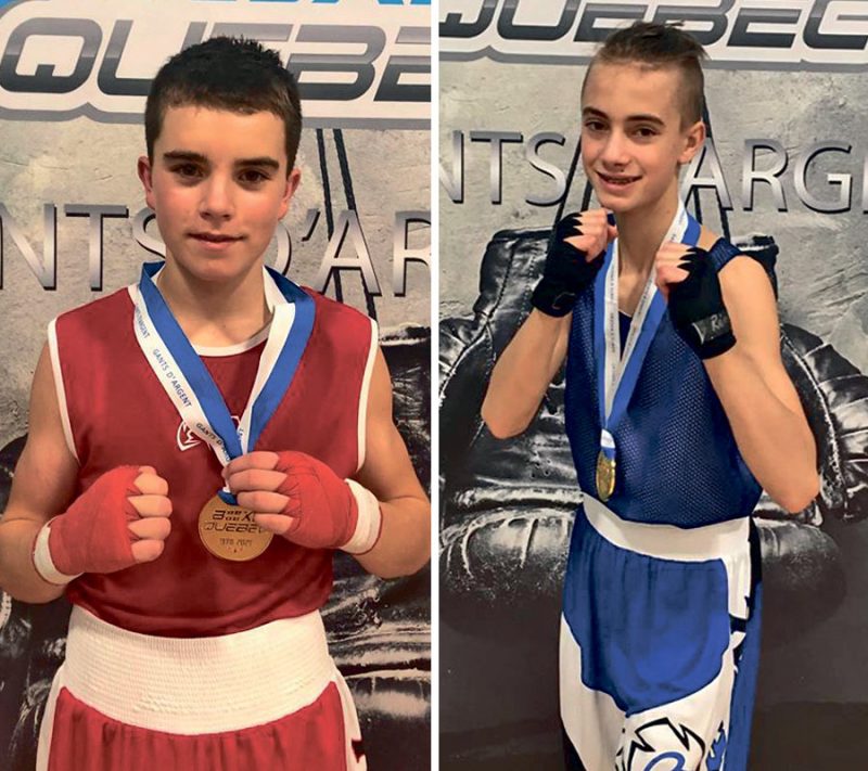 Ludovik Jodoin (à gauche) et Rémi J. Hamel (à droite), de l’école de boxe Les Apprentis Champions, sont tous deux champions des Gants d’argent. Photos gracieuseté