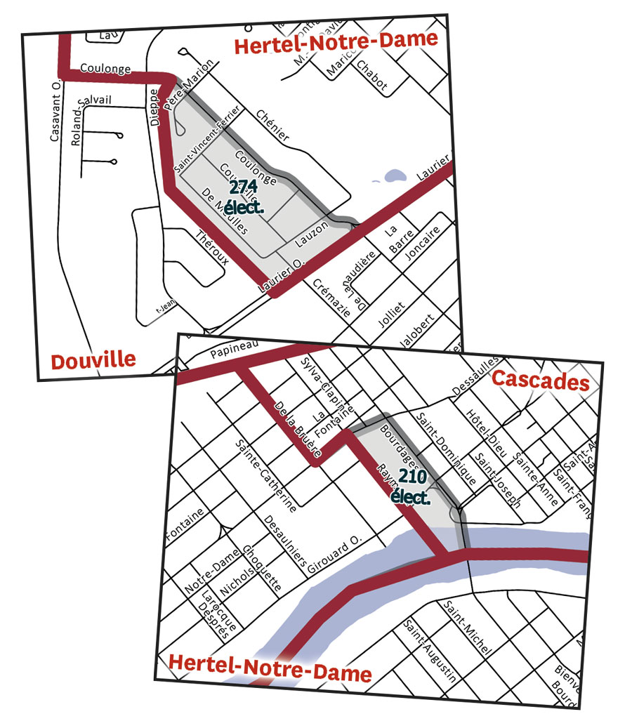Les deux changements apportés à la carte électorale, dans les districts Douville, Hertel-Notre-Dame et Cascades. Le tracé en rouge correspond à la nouvelle délimitation et le gris à la division actuelle. Source : Ville de Saint-Hyacinthe