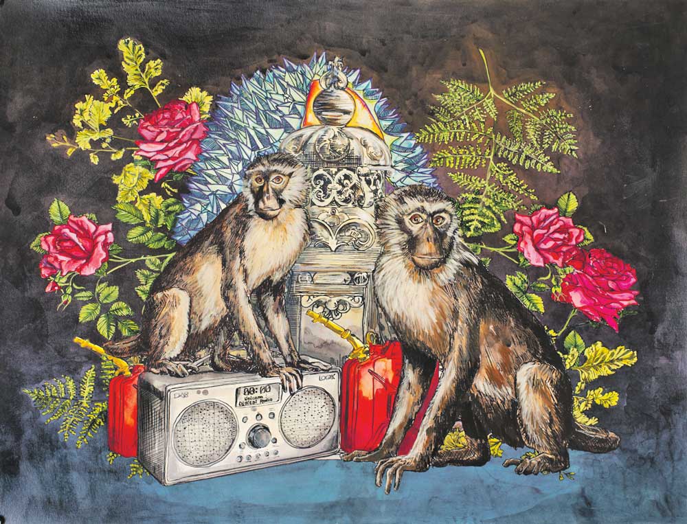 Cynthia Dinan-Mitchell, Entretiens de fin de soirée, 2017, sérigraphie, peinture acrylique, crayons de couleur, vernis, 63,5 x 83,82 cm. Photo Charles-Frédérick Ouellet