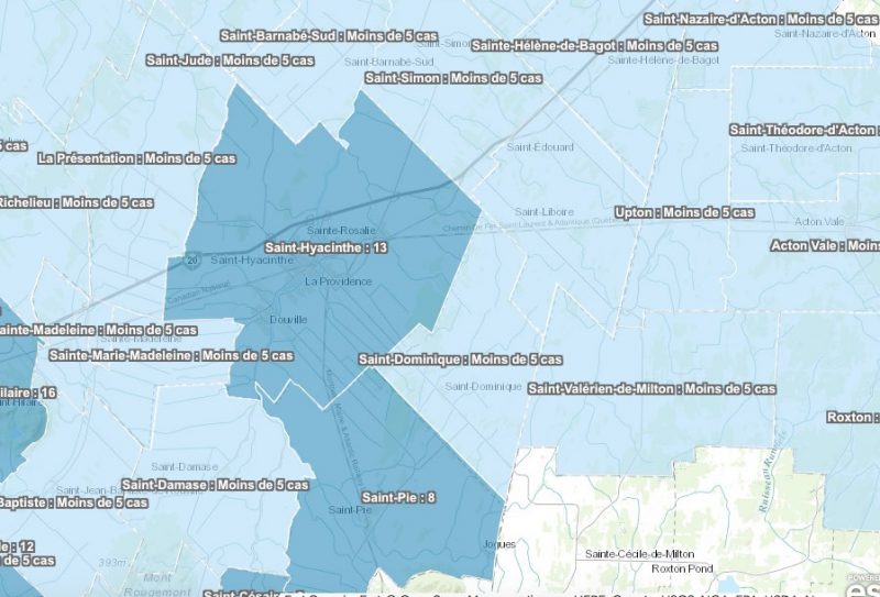 Une carte complète de la Montérégie montrant le nombre de cas de COVID-19 par municipalité est maintenant disponible.
Photo Capture d’écran – Direction de santé publique de la Montérégie