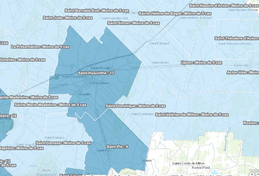Une carte complète de la Montérégie montrant le nombre de cas de COVID-19 par municipalité est maintenant disponible.
Photo Capture d’écran – Direction de santé publique de la Montérégie