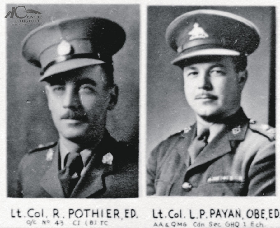 Quelques-uns des personnages présents sur l’estrade lors des célébrations du Jour de la Victoire à Saint-Hyacinthe. Les Lt. Col. Roland Pothier et L.P. Payan. Centre d’histoire de Saint-Hyacinthe, CH085 Studio B.J. Hébert.