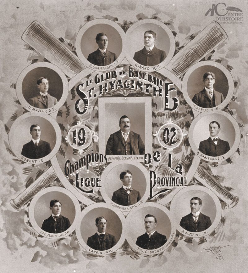 Mosaïque montrant les membres du club de baseball de Saint-Hyacinthe en 1902. Source : collectionneur américain