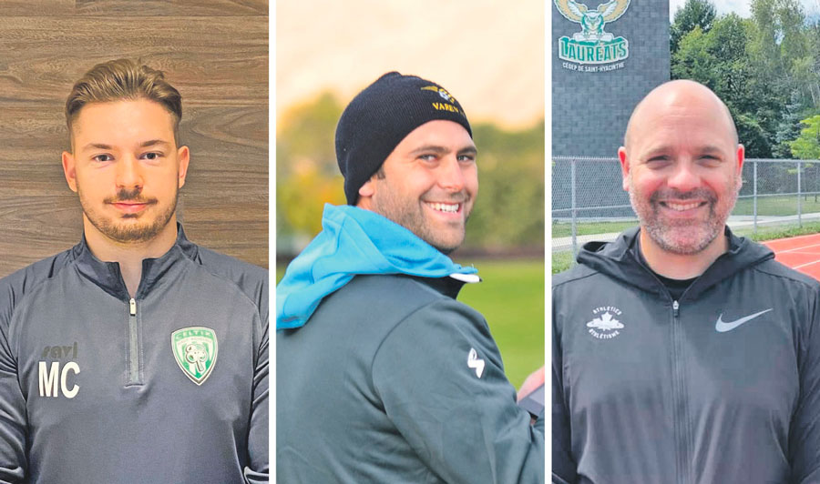 De gauche à droite, les nouveaux entraîneurs de la grande famille des Lauréats : Marc-Antoine Côté (soccer masculin), Louis-Frédérick Levasseur (soccer féminin) et Nicolas Caron (cross-country). Photo Facebook Lauréats du Cégep de Saint-Hyacinthe
