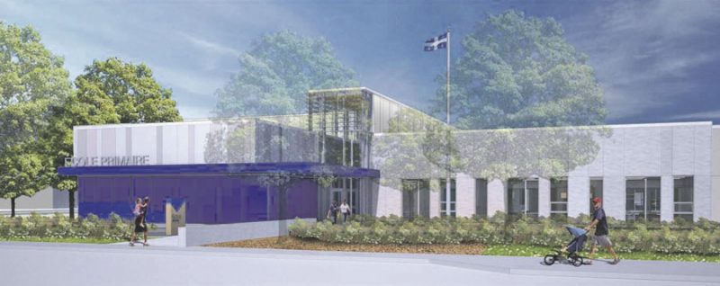 Aperçu de la façade de la future école primaire de Saint-Hyacinthe, qui arborera le « bleu fleurdelisé ». Centre de services scolaire de Saint-Hyacinthe