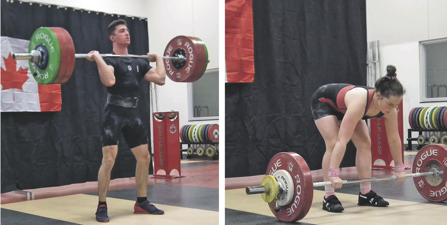 À partir du local d’entraînement du club La Machine Rouge, les haltérophiles Shad Darsigny et Charlotte Simoneau ont pu rivaliser face à des athlètes de partout dans le monde au cours d’une épreuve virtuelle récemment. Photos Facebook La Machine Rouge