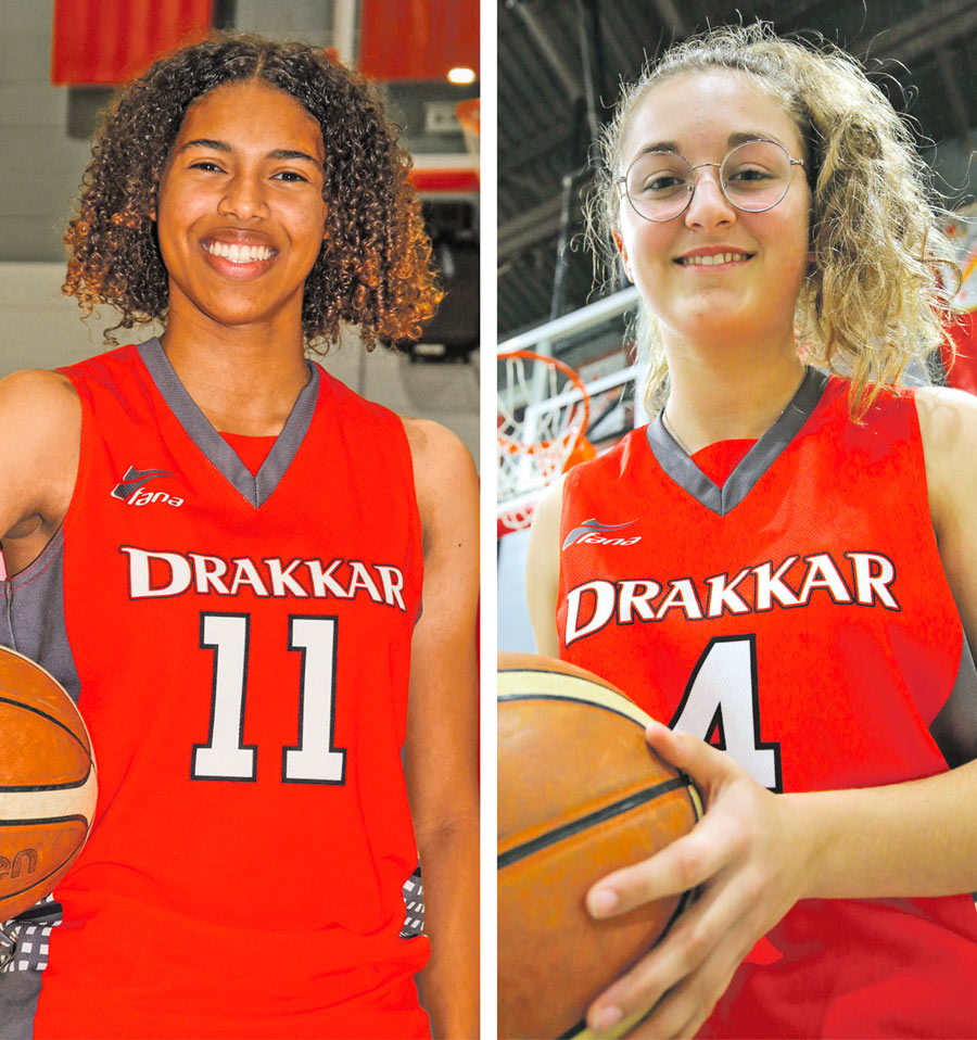 Candice Lienafa (à gauche) et Éliane Bourgeois (à droite) sont les deux premières joueuses de basketball du Drakkar de la polyvalente Hyacinthe-Delorme à être recrutées au niveau collégial, en division 1 de surcroît. Photos François Larivière et Robert Gosselin | Le Courrier ©
