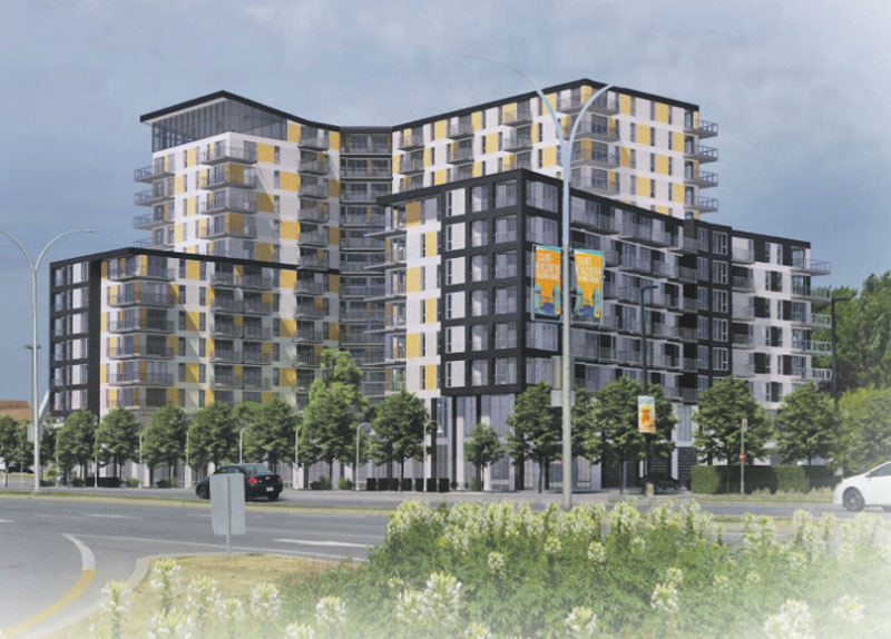 Perspective de l’intégration de la future résidence sur le boulevard Casavant Ouest. Image tirée de la présentation en ligne sur le site de la Ville de Saint-Hyacinthe