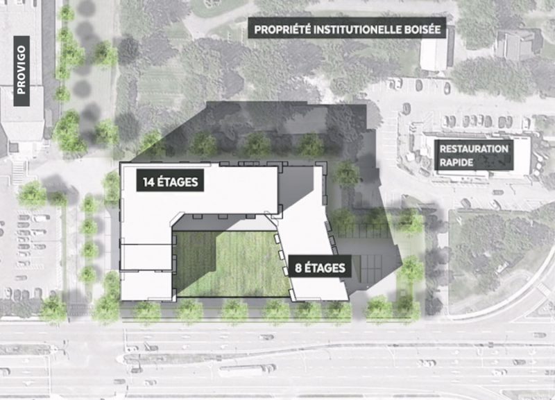Plan de l’implantation du projet dans le secteur. Image tirée de la présentation en ligne sur le site de la Ville de Saint-Hyacinthe