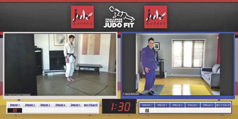 Cinq athlètes du Club de judo de Saint-Hyacinthe ont participé au Challenge Judo Fit, un rendez-vous virtuel qui leur permettait de rivaliser avec des athlètes d’autres clubs à travers des défis d’entraînement. Sur la photo, on aperçoit à droite Alyssa Bellavance avant son épreuve. Photo capture d’écran