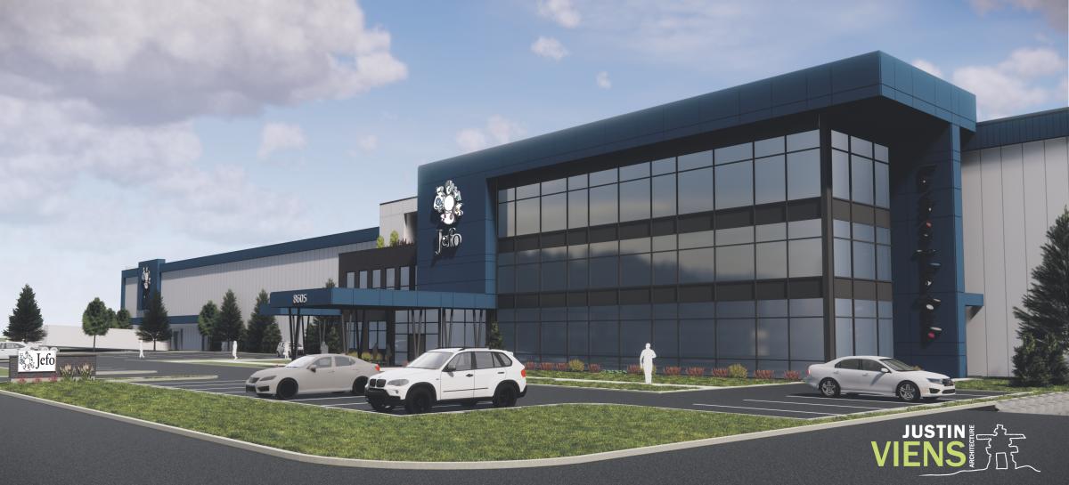 Réalisée par la firme Justin Viens Architectes, la première esquisse de la future usine Jefo de Saint-Hyacinthe telle que présentée à l’hiver 2019. La version finale aurait, paraît-il, été revue en profondeur. Photo gracieuseté