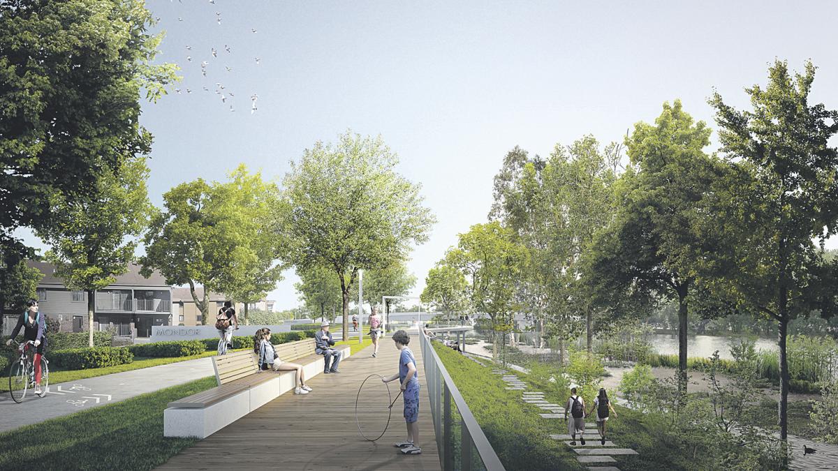 Une esquisse de la promenade rêvée et estimée à 33 M$ à Saint-Hyacinthe. Le projet consiste à revamper et à bonifier la vétuste promenade Gérard-Côté. La première phase prévoit la construction d’une Place des spectacles de 4 à 5 M$ derrière le Centre des arts Juliette-Lassonde. Illustration fournie par la Ville de Saint-Hyacinthe