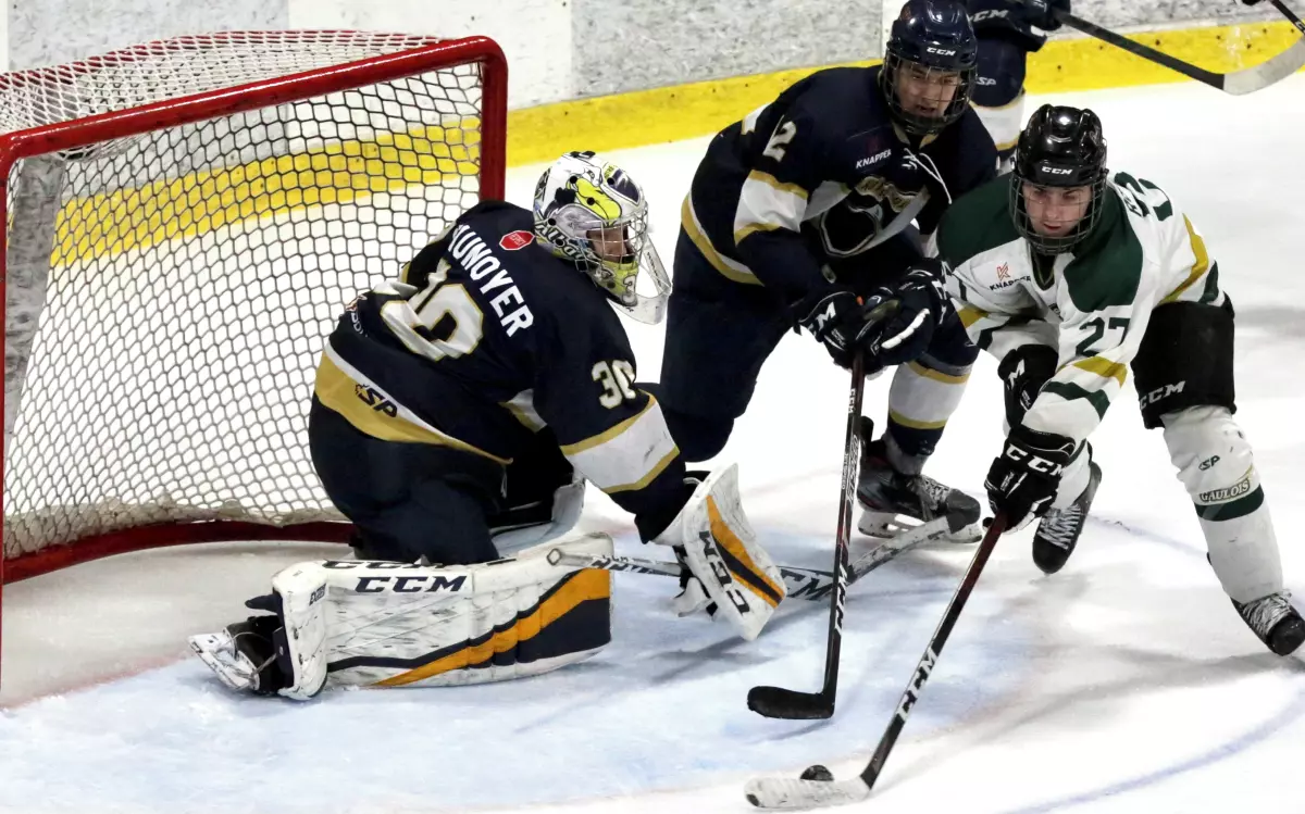 Les Gaulois de Saint-Hyacinthe ont éliminé l’Albatros du Collège Notre-Dame en cinq matchs pour accéder au deuxième tour des séries de la ligue de hockey M18 AAA. Photo Robert Gosselin | Le Courrier ©