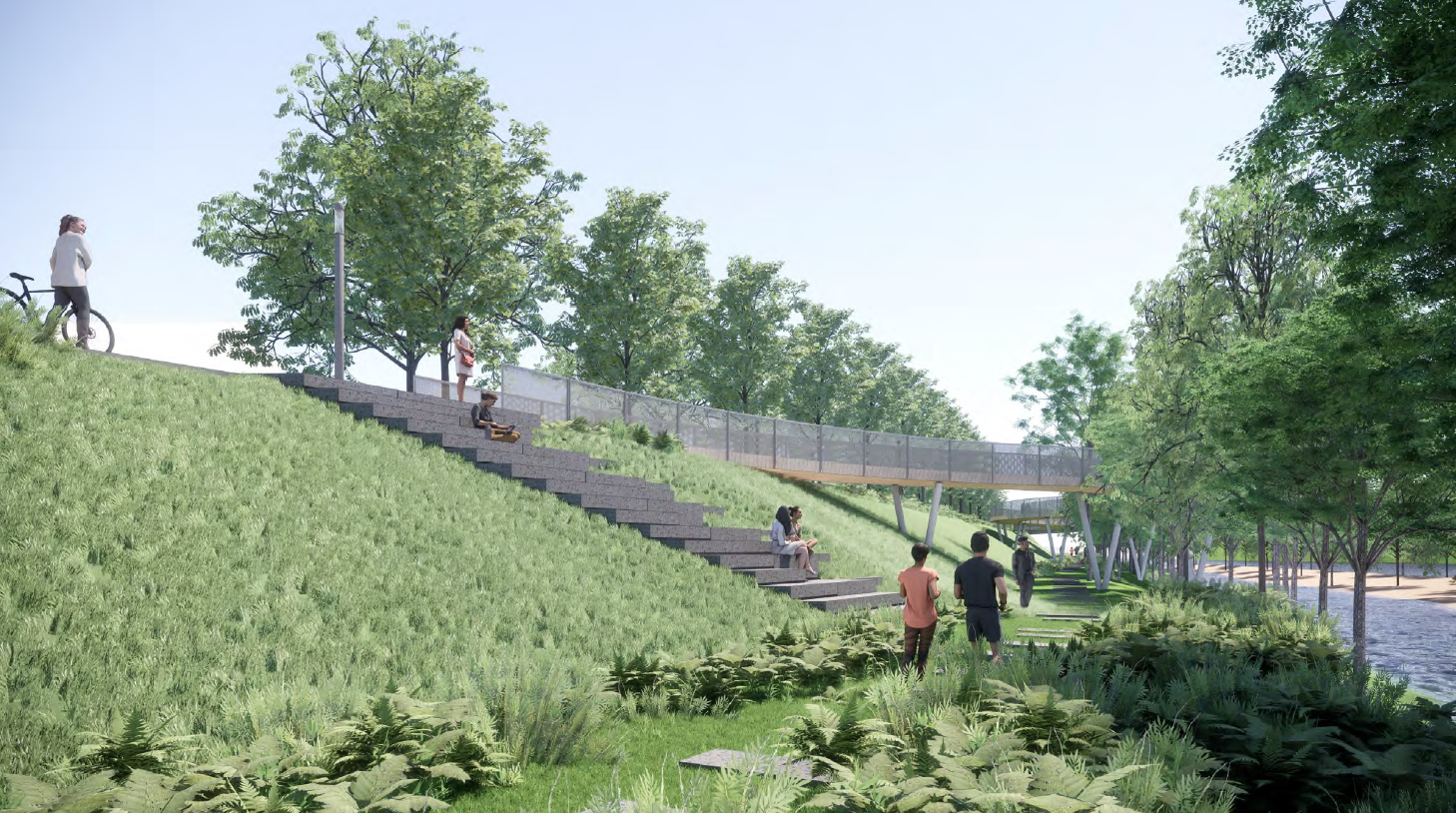 Le belvédère de l’avenue Mondor permettra un point de contact avec le sentier des berges, par un emmarchement distinctif. Maquette firme Daoust Lestage