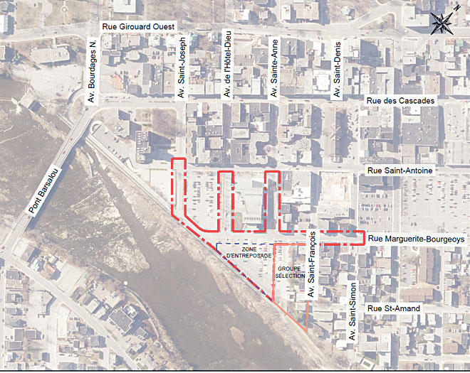 Une partie du centre-ville de Saint-Hyacinthe sera affectée par d’importants travaux de réfection d’infrastructures souterraines. La zone des travaux est délimitée en rouge. Photo gracieuseté�