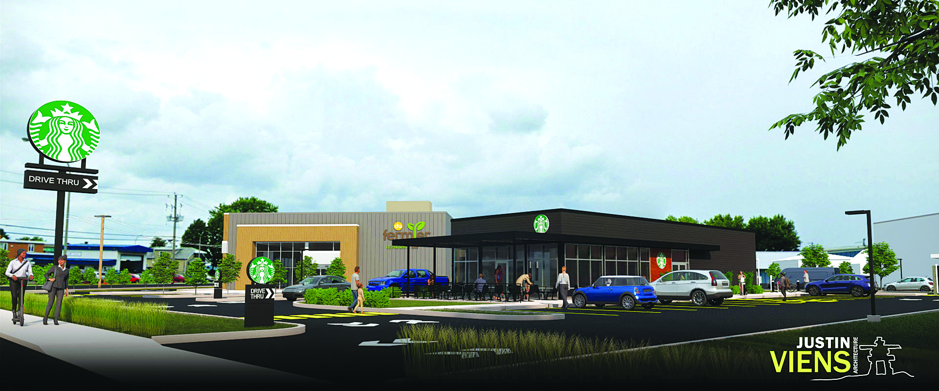 Une maquette du projet Du fermier – Marché de proximité et du Starbucks qui devraient voir le jour au début de l’année 2024. Photo gracieuseté